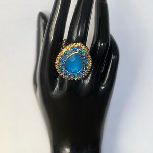 Elegant Gold and Blue Rhinestones Teardrop Stretchable Ring